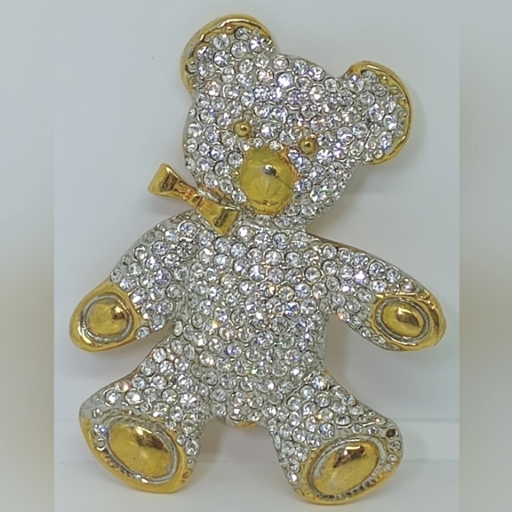 * vintage BIG 3" rhinestones teddy bear pin brooch